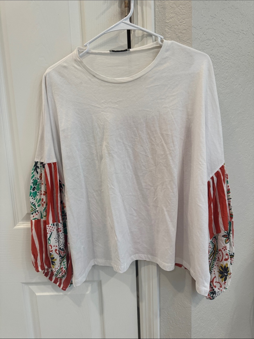 Zara White Long Sleeve Top with Red Striped & Green Floral Sleeves